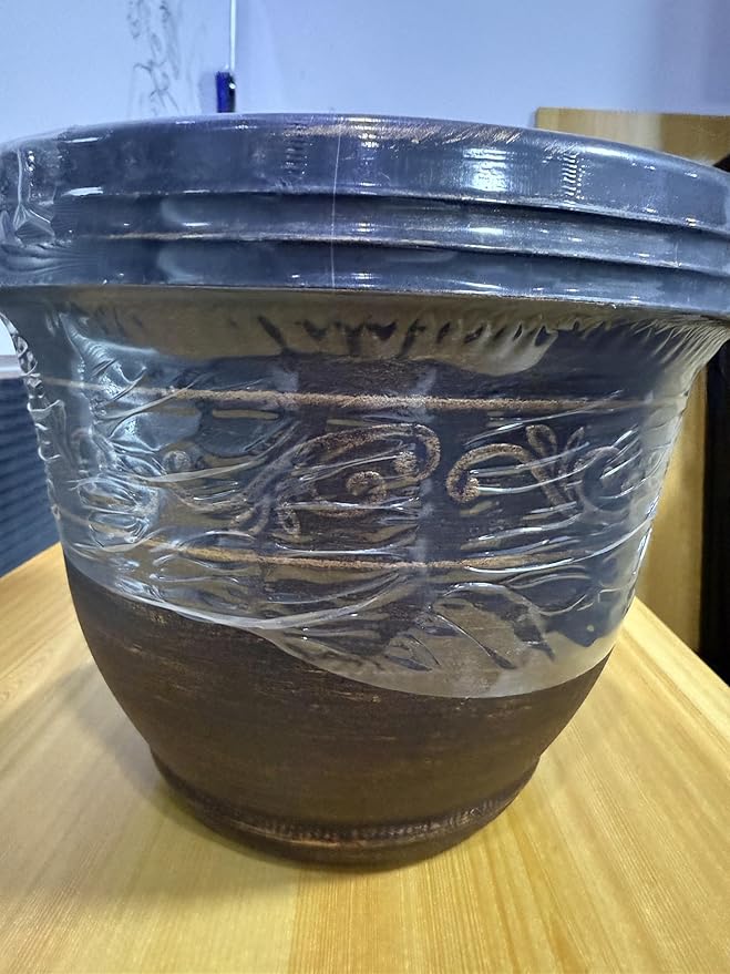 Plastic-Plant-Flower-Planters-16 Inch with Drainage Hole & Saucer, 3 Packs Lightweight Small Resin Flower Pot Indoor Outdoor, Retro Antique Imitation Decorative Garden Containers Sets for Houseplants-Ruum Studio Home