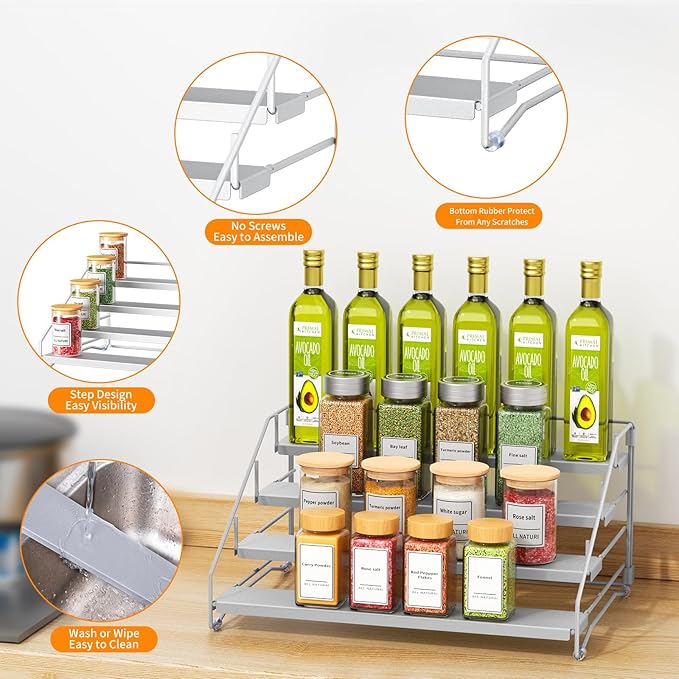 RCHYFEED 4 Tier Spice Rack Organizer, Spice Organization for Cabinet,Pantry, Countertop,Tiered Spice Rack Easy Visibility,Depth Expandable Seasoning Shelf for Kitchen Cabinet Organizer,Silver-Ruum Studio Home