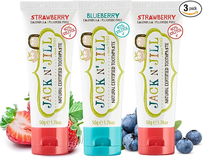 Jack N' Jill Natural Toothpaste for Baby and Infants - Fluoride Free Training Toothpaste, 40% Xylitol, BPA Free - Strawberry & Blueberry, 1.76 oz (Pack of 3)-Ruum Studio Home