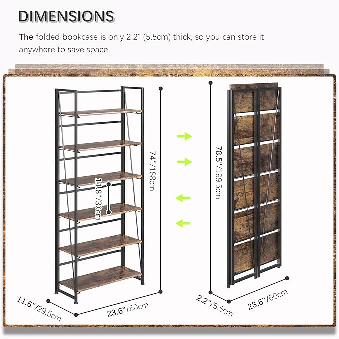 4NM No Assembly Foldable Bookshelf, 6-Shelf Collapsible Bookcase Storage for Small Spaces, 74" H, Rustic Brown and Black-Ruum Studio Home