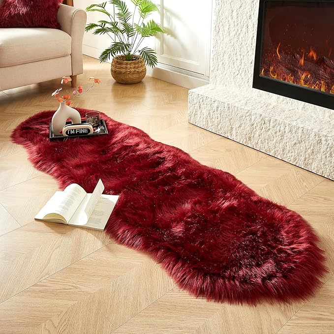 AMTOVO Faux Sheepskin Rug, Burgundy Ultra Soft Fluffy Shag Area Rug, 2 x 6 ft Faux Fur Rug for Bedroom Sofa Throw Cushion Room Decor, Sheepskin-Ruum Studio Home