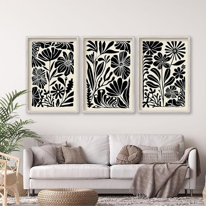 Abstract Floral Botanical Wall Art 16x11 Inch 3 Piece Black Vintage Boho Plant Flower Minimalist Wood Frame Sign Home Living Room Family Office Mid Century Print Wall Hanging Decor (White)-Ruum Studio Home