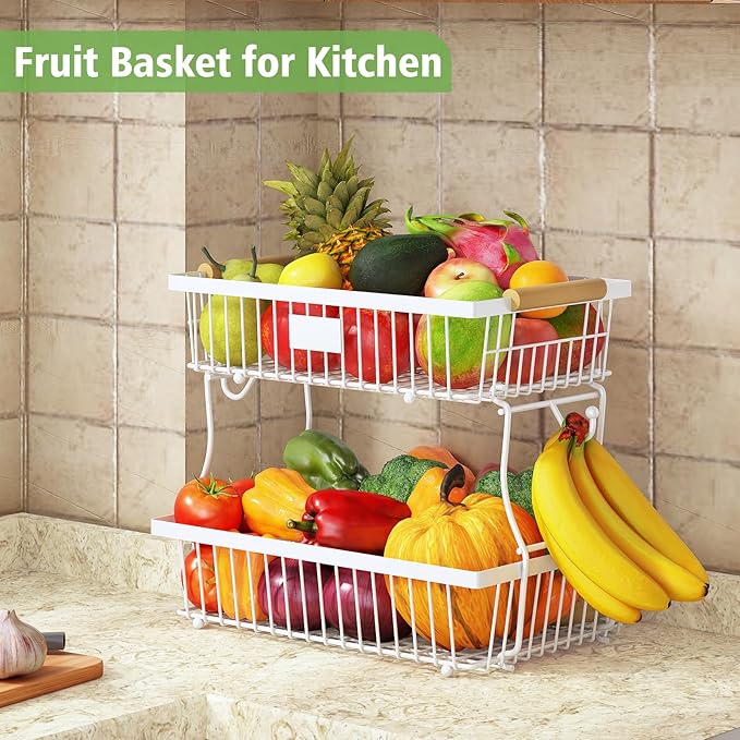 2 Tier Fruit Basket for Kitchen Counter with 2 Banana Hangers, Countertop Metal Fruit Bowl with Wooden Handle, Large Storage Stand for Vegetables, Snacks, Breads, Produce Storage – White-Ruum Studio Home