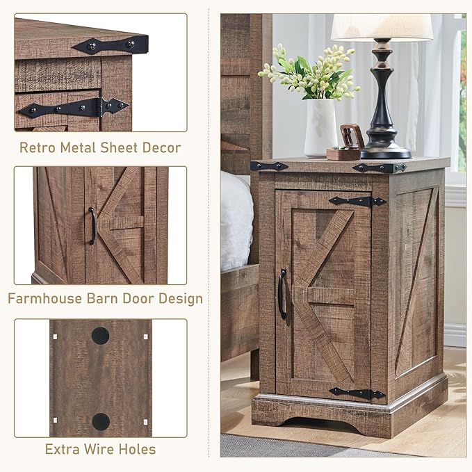 JXQTLINGMU Farmhouse Nightstand Set of 2 with Charging Station, 17"D Rectangular End Table with Barn Door & Adjustable Storage Shelf, Wood Rustic Sofa Side Table for Living Room, Bedroom, Light Brown-Ruum Studio Home