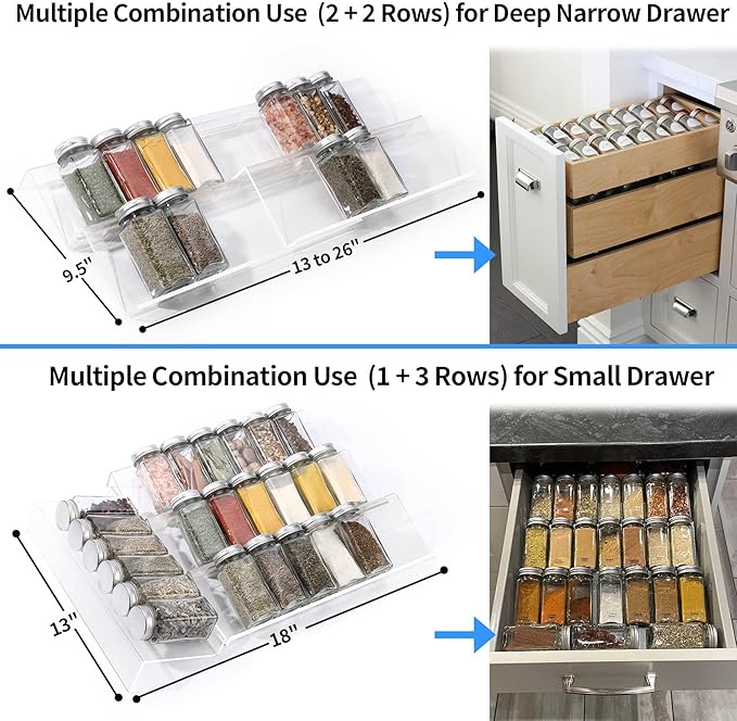 MIUKAA Clear Acrylic Spice Drawer Organizer, 4 Tier- 2 Set Expandable From 13" to 26" Drawer Seasoning Organizer, Kitchen Spice Rack Tray for Drawer/Countertop (Jars not included)-Ruum Studio Home