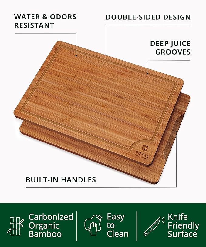 ROYAL CRAFT WOOD Wooden Cutting Boards for Kitchen Meal Prep & Serving - Bamboo Wood Serving Board Set with Deep Juice Groove Side Handles - Charcuterie & Chopping Butcher Block for Meat (3 Pcs)-Ruum Studio Home
