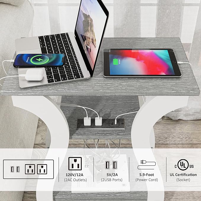 End Tables Living Room Set of 2,Grey End Table with Charging Station,Grey Side Table, Nightstand for Bedroom, 3 Tier End Table with Storage Shelf for Living Room-Ruum Studio Home
