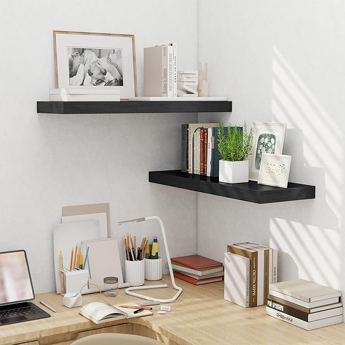 Fun Memories Floating Shelves for Wall, 32 Inch Long Floating Shelves Set of 2, 32 x 10 Wooden Shelves for Wall, Large Storage Shelves, Hanging Shelves for Bathroom Kitchen Bedroom, Black-Ruum Studio Home