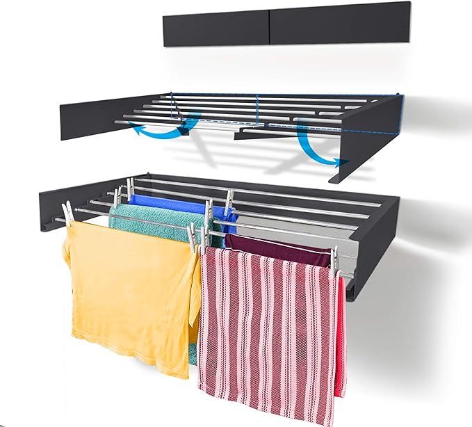 Step Up Laundry Drying Rack (40-INCH Industrial Gray), Wall Mounted, Retractable Clothes Drying Rack, 60lbs Capacity, 20 Linear Ft, with Wall Template and Long Screwdriver Bit-Ruum Studio Home