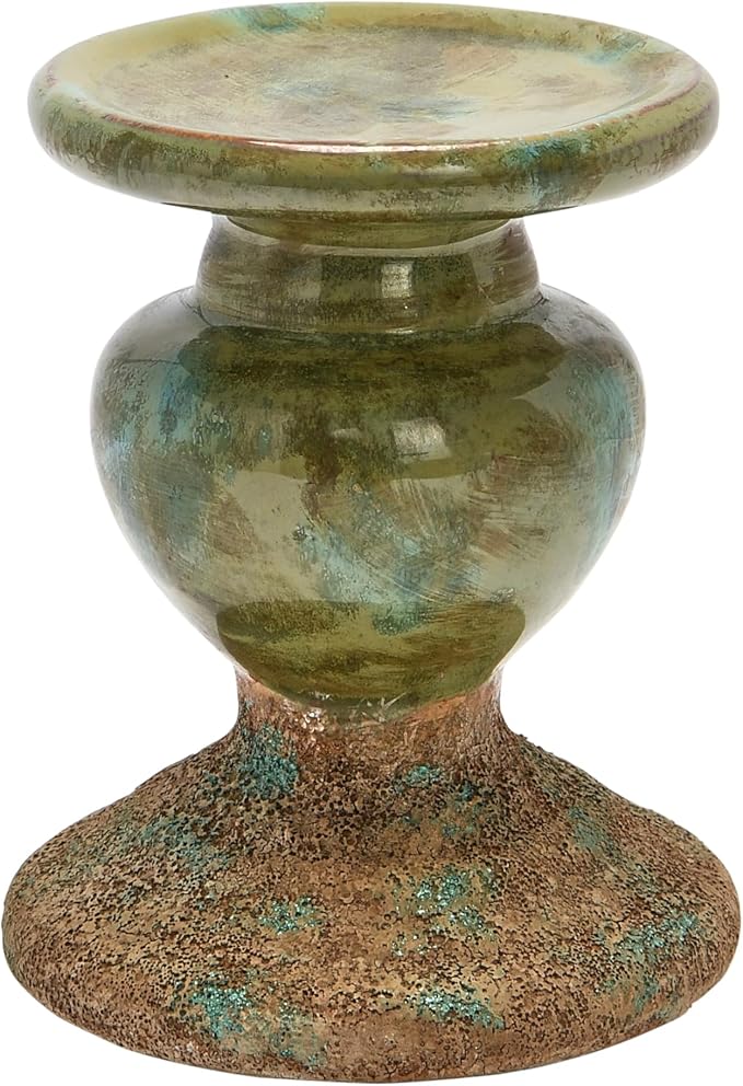 Creative Co-Op 2-Tone Sculptural Terracotta Pillar Candle Holder, Distressed Green-Ruum Studio Home