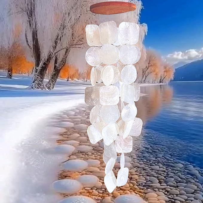 Bellaa 22913 Wind Chimes Outdoor, Garden Decorations, Musical, Indoor/Outside Windchimes, Beach, Ocean Breeze, Gifts for Mom, Gift for All Occasions, Capiz Sea Glass Shells Wood White 27 inch-Ruum Studio Home