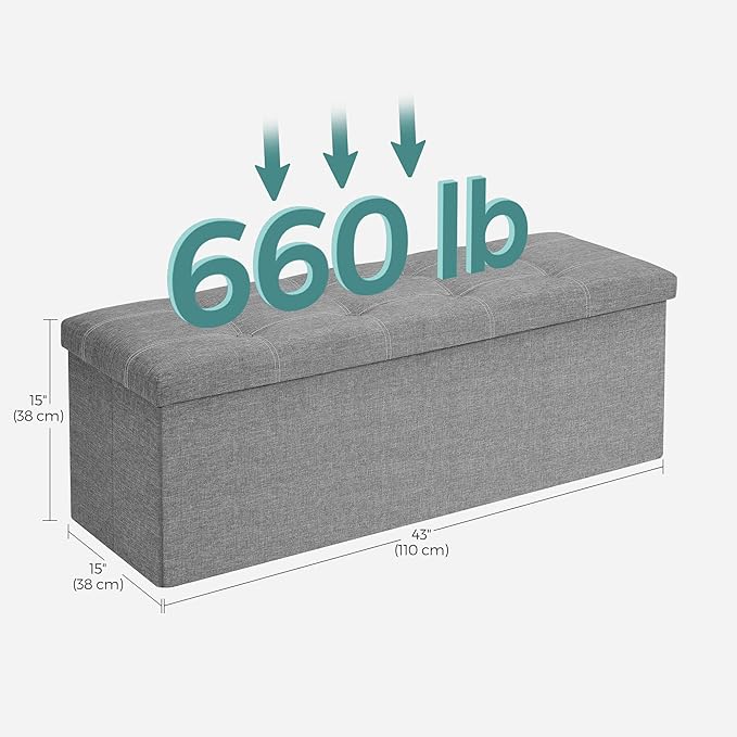 SONGMICS MAZIE Collection - 43 Inches Ottoman Storage Bench, 35 Gal. Folding Chest with Breathable Linen-Look Fabric, Load up to 660 lb, for Entryway, Living Room, Bedroom, Light Gray ULSF077G05-Ruum Studio Home