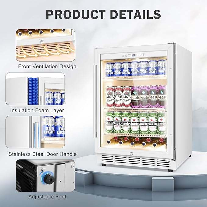 Beverage Refrigerator 24 Inch Drink Fridge, Beer Fridge, 150 Cans Beverage Cooler, Under Counter Refrigerator, Drink Cooler Undercounter Outdoor Refrigerators, Single Glass Door Bar Fridge-Ruum Studio Home