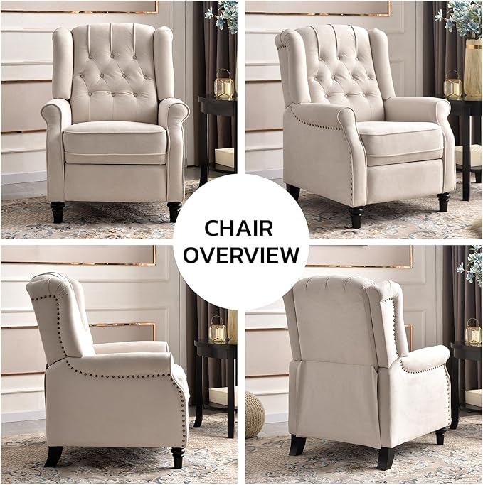 EBELLO 2 Pcs Pushback Recliner Chairs, Fabric Armchair Push Back Recliner with Rivet Decoration, Single Sofa Accent Chair for Living Room, Bedroom,Beige-Ruum Studio Home