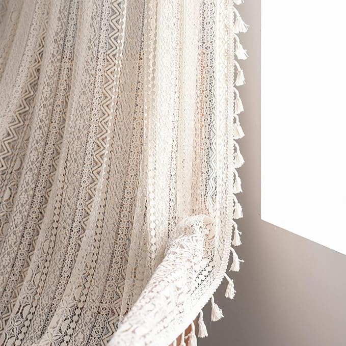 Sutuo Home Boho Curtains for Bedroom Nursery 90 Inch Length, Bohemian Geometric Crochet Sheer Lace Handmade Tassels Window Treatment Vintage Rustic Drape Rod Pocket 1 Panel 59" W x 90" L, Beige Wave-Ruum Studio Home
