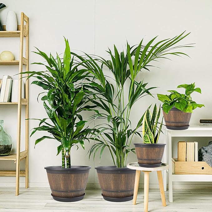 16-inch-Plant-Pots-Indoor-Outdoor, 4 Pack Large Whiskey Barrel Planters with Drainage Holes & Saucer, Plastic Flower Pots Imitation Wine Barrel Design, Decorative Garden Pots for Plants-Ruum Studio Home