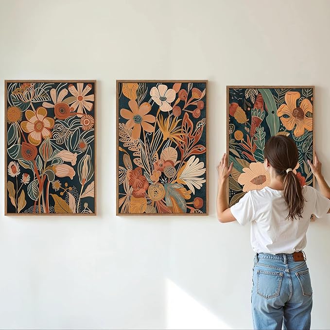 Tinonedraw Vintage Burnt Orange Floral Framed Canvas Wall Art Set of 3, Boho Chic Flower Artwork, Mid Century Modern Plant Wall Decor, Colorful Neutral Botanical Art Prints for Bedroom Living Room Office 16"x24"-Ruum Studio Home