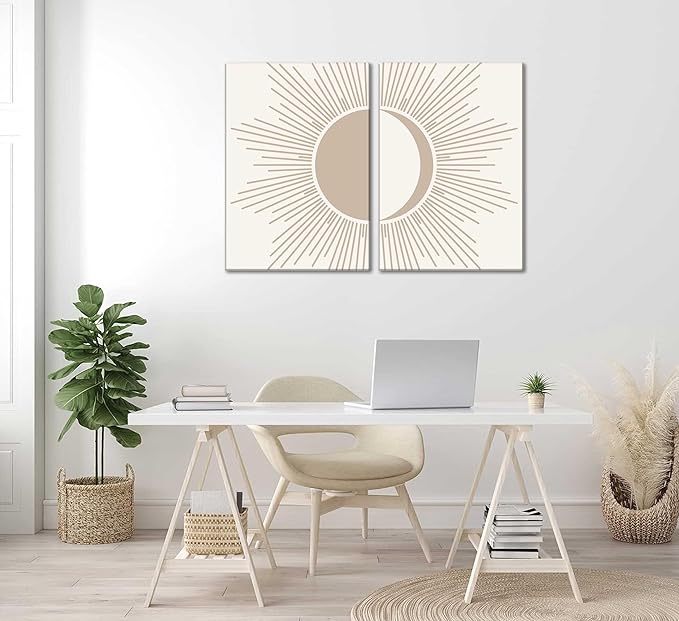 2Pcs Minimalism Boho Canvas Wall art Mid Century Modern Beige and White Sun and Moon Geometric Abstract Painting Pictures Wall Decor Posters Print Artwork for Bedroom Living Room Decoration-Ruum Studio Home
