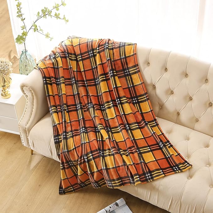 MERRYLIFE Throw Blanket for Couch Orange Plaid Chair Throw Blanket| Soft Decorative Ultra-Plush Colorful| Throw Size Travel Blanket Plush|(50" 60", Harvest Plaid)-Ruum Studio Home
