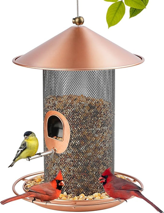 Bird Feeder for Outdoor, Metal Wild Bird Feeder Hanging Outside, 7.5" Copper Roof and 360 Degree Feeding Tray with 2 Extra Feeding Ports, 3 Lbs Bird Seeds Capacity-Ruum Studio Home