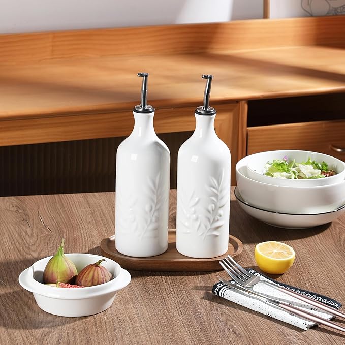 Sweejar Ceramic Olive Oil Dispenser Bottle, 20 Oz Relief Opaque Oil Cruet Protects To Reduce Oxidation, Suitable for Storage,Vinegar, Soy Sauce,Liquids,Set of 2 (White White)-Ruum Studio Home