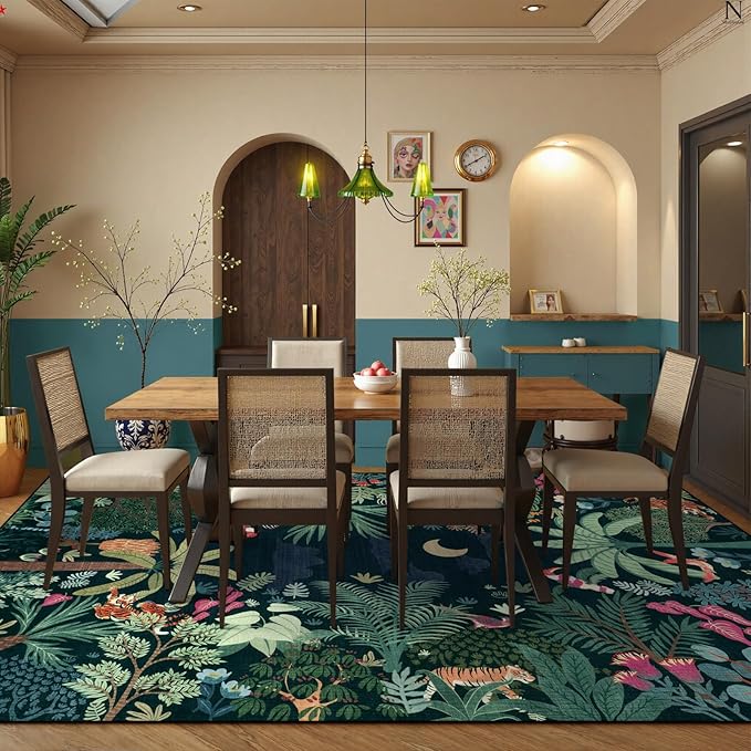 LIVEBOX Washable Bedroom Rug 8x10 Under Bed, Modern Stain Resistant Dark Green Botanical Rug for Living Room Playroom Kids Boy Room, Non-Slip Jungle Forest Print Rugs for Nursery Baby-Ruum Studio Home