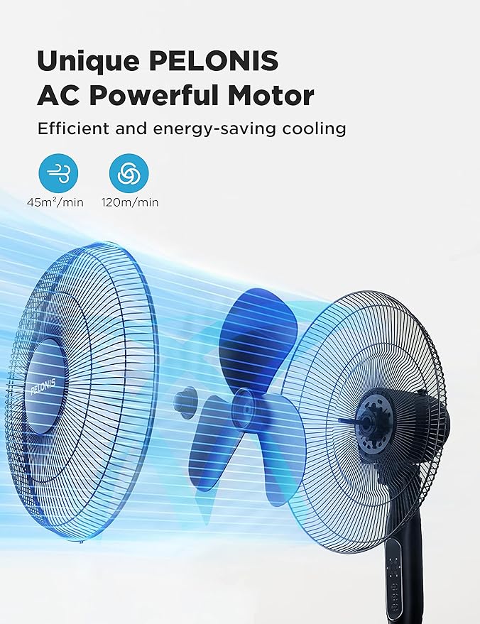 PELONIS 16'' Pedestal Fan for Bedoom, Remote, Standing Fan with 7-Hour Timer, 90° Oscillation, 3-Speeds, Adjustable Height, Electric Cooling Fans for Living Room and Office-Ruum Studio Home