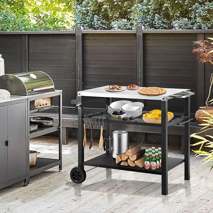 Grill Cart Table with Three Shelf, Movable Outdoor Dining Cart Pizza Oven Stand with Three Hooks, Kitchen Cart Island Multifunction Food Prep Table (Sliver)-Ruum Studio Home