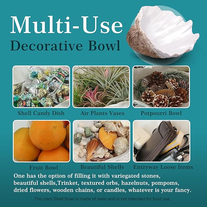 Large EarthTan-White Sea Shells Decorative Bowl Resin Clam Shell Bowl Beach Decorations for Home Coastal Beach Decor Decoration Storage Bowls & Home Office Nautical Themed Party Decor -10.2"-1PC-Ruum Studio Home