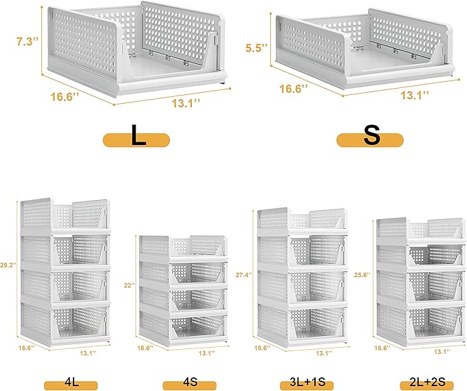 4 Pack Stackable Plastic Storage Basket Closet Organizer Bin Foldable Clothes Organizer Storage Drawer Shelf Container for Living Room Bathroom Kitchen Office (4S)-Ruum Studio Home