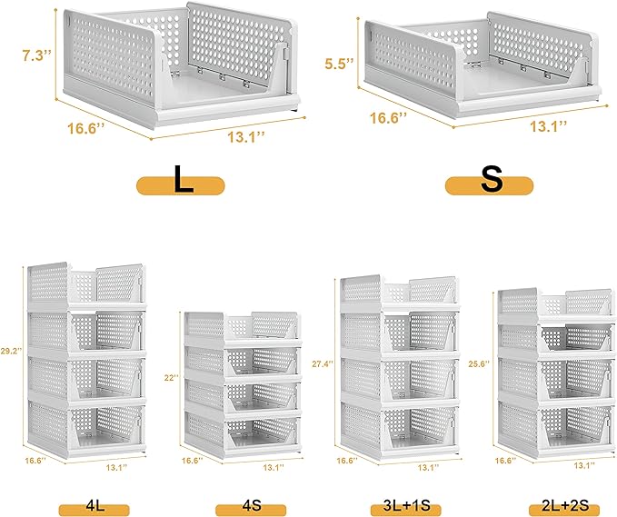 Stackable Plastic Storage Basket Closet Organizer Bin Foldable Clothes Organizer Storage Drawer Shelf Container for Living Room Bathroom Kitchen Office Laundry Room-Ruum Studio Home