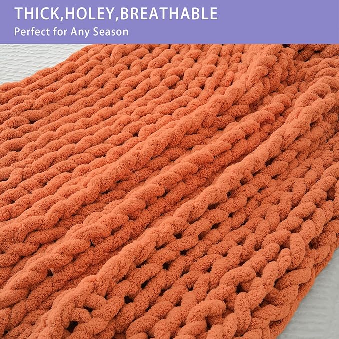 Bigacogo Chunky Knit Throw Blanket for Couch, 51x63 inches, 100% Hand Knitted with Thick Jumbo Chenille Yarn, Cozy Soft Large Rope Knot Cable Crochet Blankets for Sofa Bed Living Room, Terracotta-Ruum Studio Home