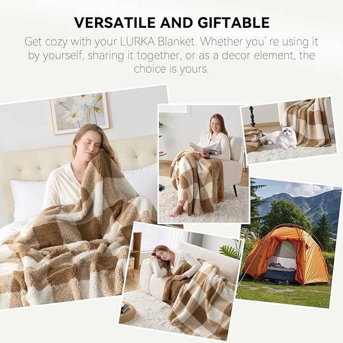 LURKA Checkered Sherpa Fleece Twin-Size Bed Blanket - Extra Thick and Warm Winter Soft Fuzzy Plush Blanket for Couches, Beds & Pets, Brown, 60x80 Inches-Ruum Studio Home
