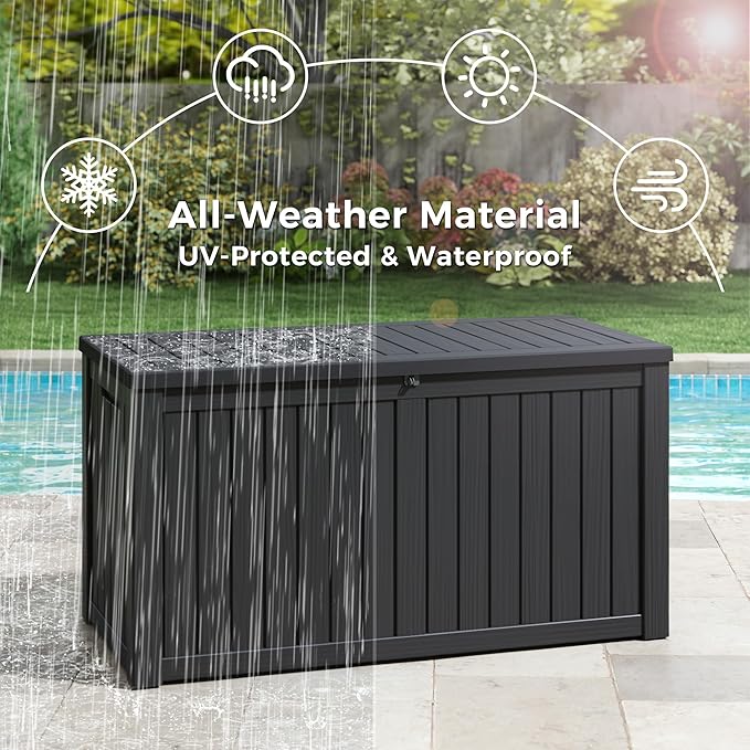 KAMABOKO Outdoor Storage Box, 150 Gallon Large Outdoor Resin Deck Box, Storage Waterproof Boxes Lockable Lid for Garden Tools, Pool Supplies, Patio Furniture and Cushions, Black-Ruum Studio Home