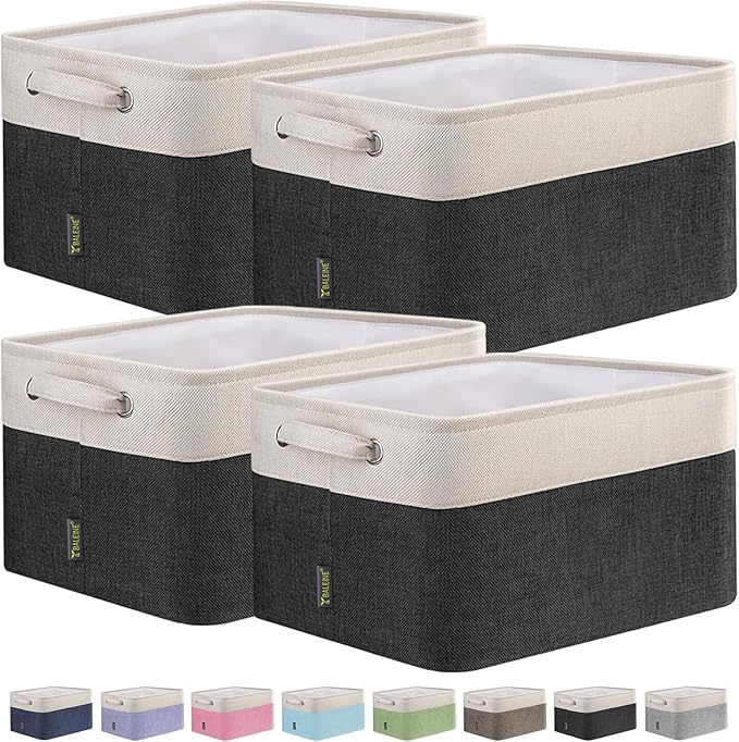 BALEINE 4 Pack Fabric Storage Bins for Shelves, Linen Storage Baskets for Organizing, Decorative Closet Bins for Clothes, Home (Black, 12"x8"x8")-Ruum Studio Home