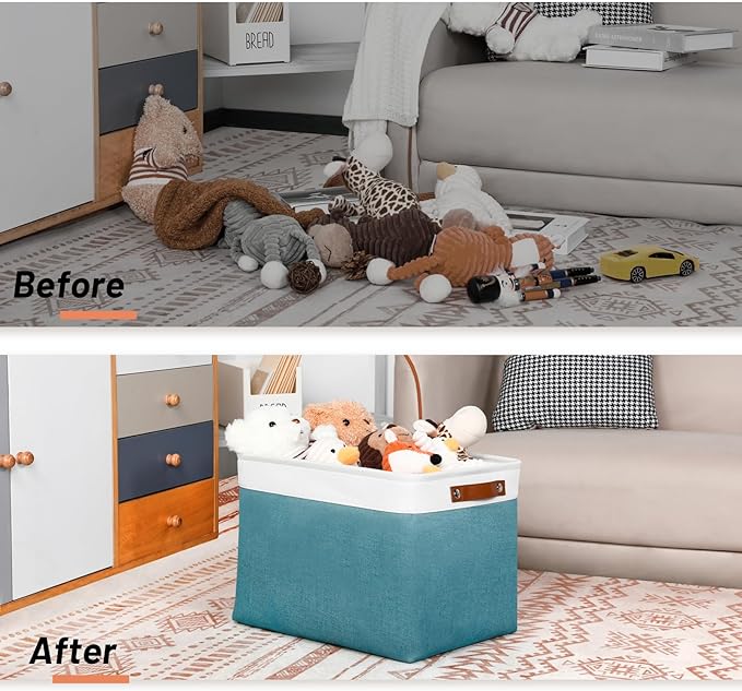 DULLEMELO Large Storage Basket, Collapsible Storage Bins Decorative Storage Baskets for Home Shelves Bedroom, Linen Fabric Basket with Leather Handles for Toys Books Organizing(White&Teal-Ruum Studio Home