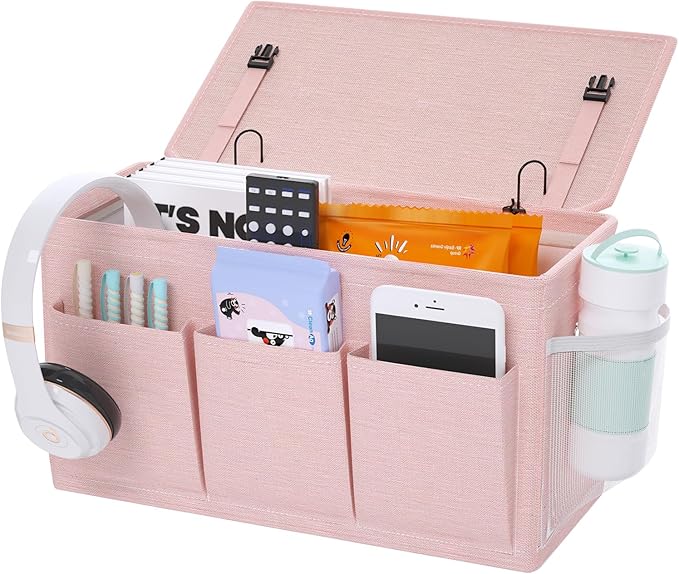 Dual-purpose Bedside Caddy Bedside Organizer, Bed Caddy with 6 Pockets, Versatile Bedside Storage Solution Magazine Remotes holder, ideal for Home, Dorm, Hospital, Crib Bed (Pink)-Ruum Studio Home