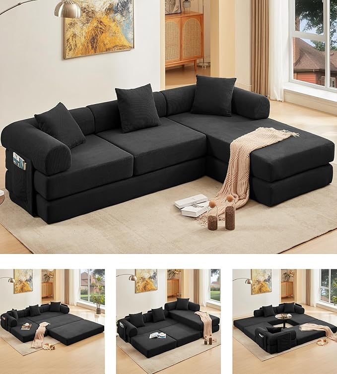 107" Oversized Convertible Sleeper Sofa Bed, Corduroy L Shape Sectional Couch, Folding Sofa Bed with Side Pocket, Modern Cloud Floor Mattress Couch, Modular Sofa for Living Room, Black-Ruum Studio Home