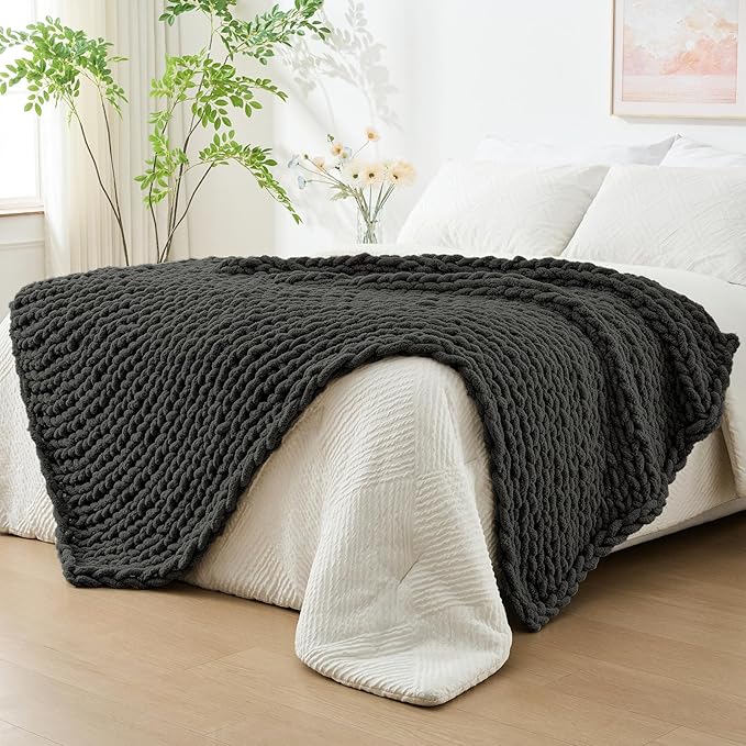 Bigacogo Chunky Knit Throw Blanket for Couch, 40x80 inches, 100% Hand Knitted with Thick Jumbo Chenille Yarn, Cozy Soft Large Rope Knot Cable Crochet Blankets for Sofa Bed Living Room, Dark Grey-Ruum Studio Home