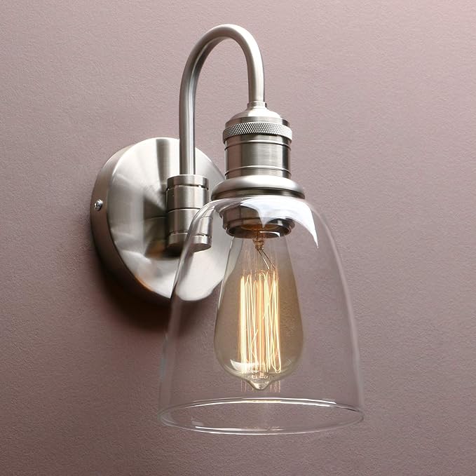 Yosoan 1-Light Brass Modern Vintage Indoor Wall Sconce, Vanity Single Luxury Hardwired Retro Textured Clear Oval Cone Glass Shade with Industrial Gooseneck Curved Rod Bathroom Lamp(Brushed)-Ruum Studio Home