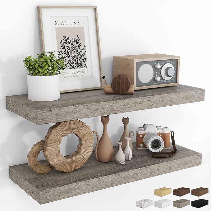 RICHFOCUS 31.5Inch Floating Shelves for Wall 2 Pack Shelves for Bedroom|Kitchen|Bathroom Wall Mounted Rustic Wood Floating Shelf with Invisible Brackets for Books|Storage|Decor, Grey-Ruum Studio Home