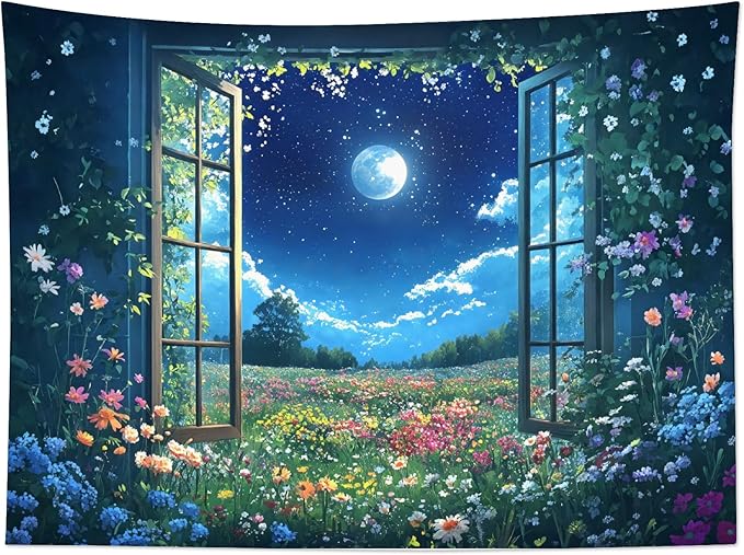 LB Wildflower Moon Tapestry, Green Plant Outside Window and Colorful Floral Wall Tapestry for Bedroom, Garden Wall Art for Living Room Dorm Home Decor Ready to Hanging, 80 x 60 Inches-Ruum Studio Home