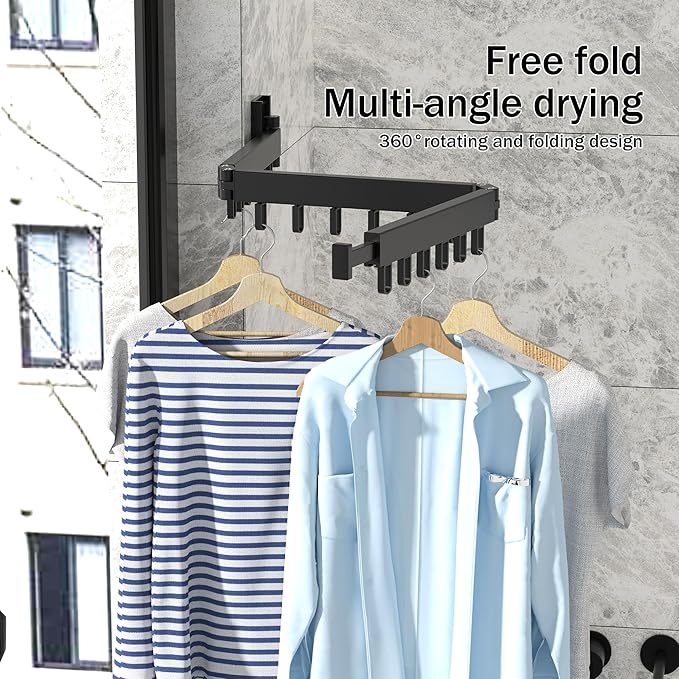 Space Saver Clothes Drying Rack, Wall Mounted, Retractable, Collapsible(Tri-Fold), for Balcony, Bathroom, Black Color-Ruum Studio Home