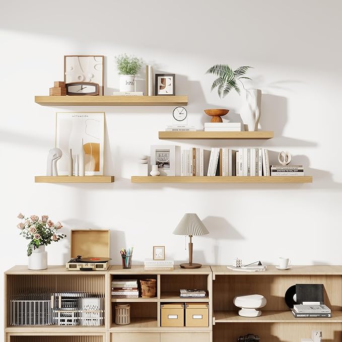 24 Inch Floating Shelves, 12 Inch Deep Floating Shelves for Wall, Floating Shelf with Invisible Brackets, Deep Shelves for Bathroom, Bedroom, Living Room, 2 Pack, Natural-Ruum Studio Home