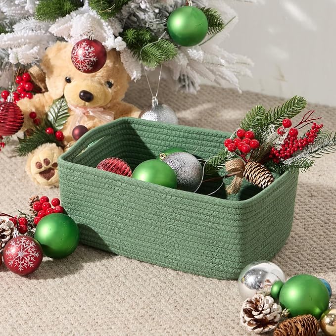 Small Storage Baskets for Organizing | Closet Organizer Bins | Shelf Toy Basket | Woven Rope Baskets | Cube Decorative Box | Shallow Basket | 13x8.5x5.1” | 4 Packs Green-Ruum Studio Home