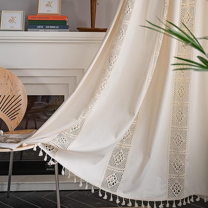 Sutuo Home Boho Curtain Crochet Lace Patchwork Semi-Blackout Bohemian Handmade Tassels, Rod Pocket Window Treatment Vintage Rustic Farmhouse Drapes for Bedroom, 1 Panel 59" W x 108" L, Beige-Ruum Studio Home