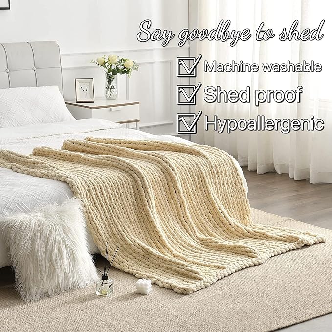Maetoow Tighter Version Chenille Chunky Knit Blanket Throw （60×80 Inch）, Handmade Warm & Cozy Blanket Couch, Bed, Home Decor, Soft Fleece Banket, Boho Thick Blankets and Giant Yarn Throws，Beige-Ruum Studio Home