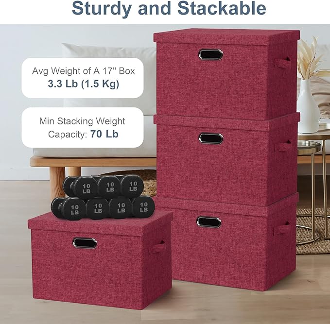 Large 17" 36 Quart Collapsible Stackable Storage Bins with Lids, 3 Packs Bright Red Linen Fabric Closet Boxes with Lids, Storage Cube Baskets Container Organizers for Office (17x12x11)-Ruum Studio Home