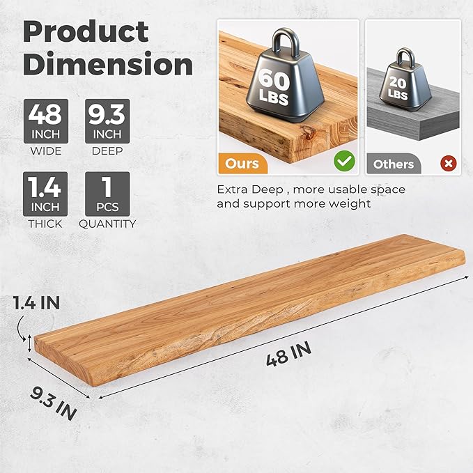 RICHFOCUS Live Edge Elm Floating Shelves - 48" W x 9.3" D Rustic Solid Wood Wall Shelves with Invisible Bracket, Wall-Mounted for Living Room, Bedroom, Kitchen Storage & Display, Set of 1, Natural-Ruum Studio Home