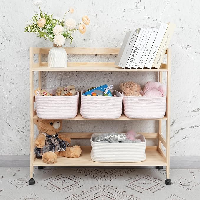 Small Woven Storage Baskets 13“X9”X5“ Decorative Rope Bins for Organizing Shelves, Closets, and Toys, Empty Gift Baskets, Cute Organizer Basket for Home and Office (pink, Large)-Ruum Studio Home